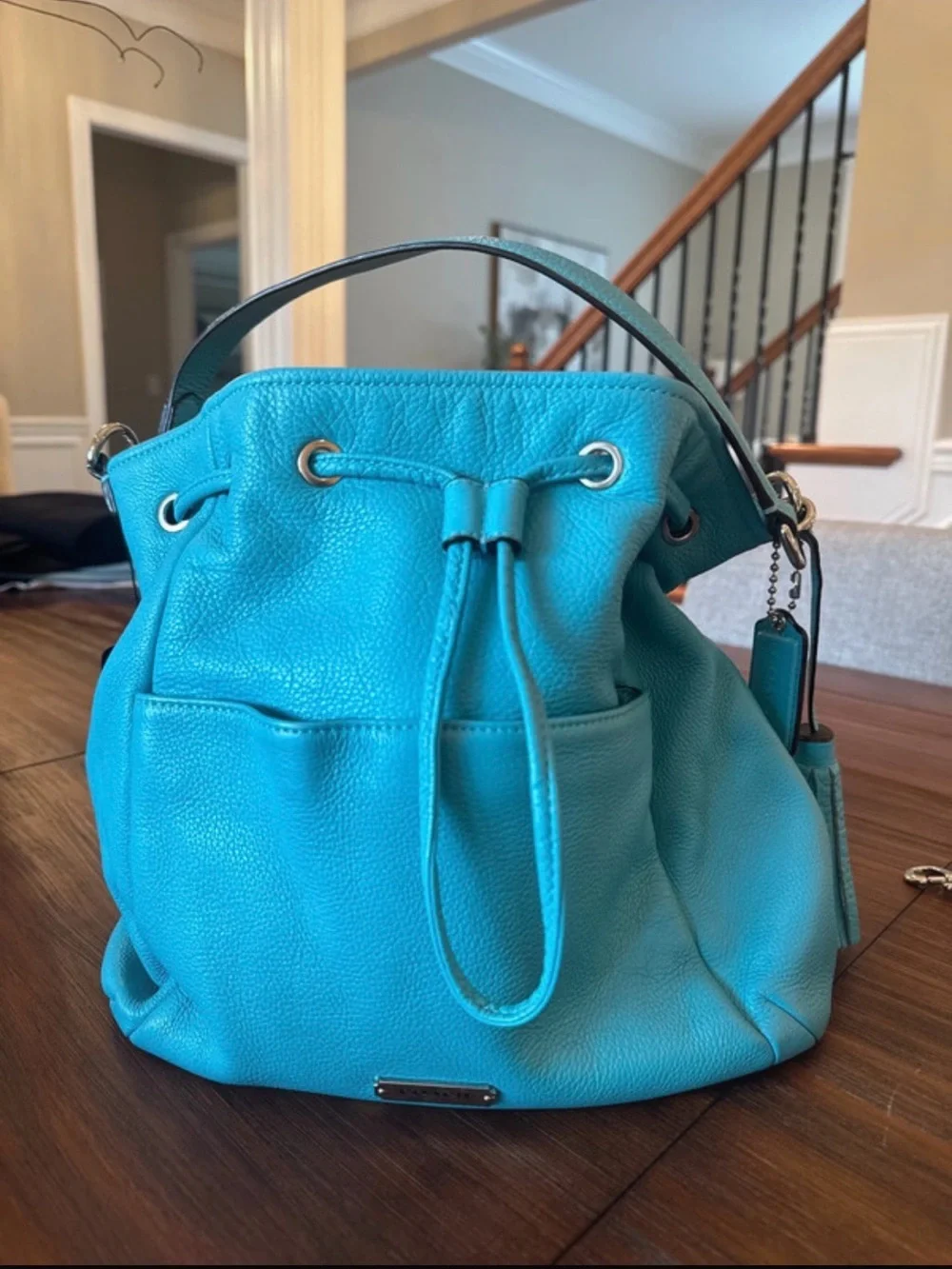 COACH Turquoise Drawstring Leather Bucket Bag